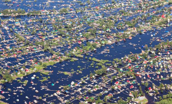 Ob River Flood June 2015 Aerial View of same houses in vicinity of Nizhnevartovsk, Tyumen region, Russia. Aerial view of the residential area of the suburb of Nizhnevartovsk during the flood of 2015.